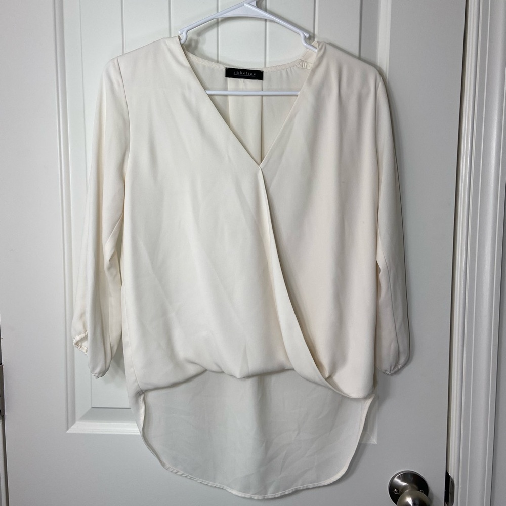 Abbeline women’s solid white elastic cuff crossover high low relaxed blouse XS